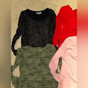 4 Mixed Medium Women's Long Sleeve Top Bundle with Leopard, Camo, Red & Pink